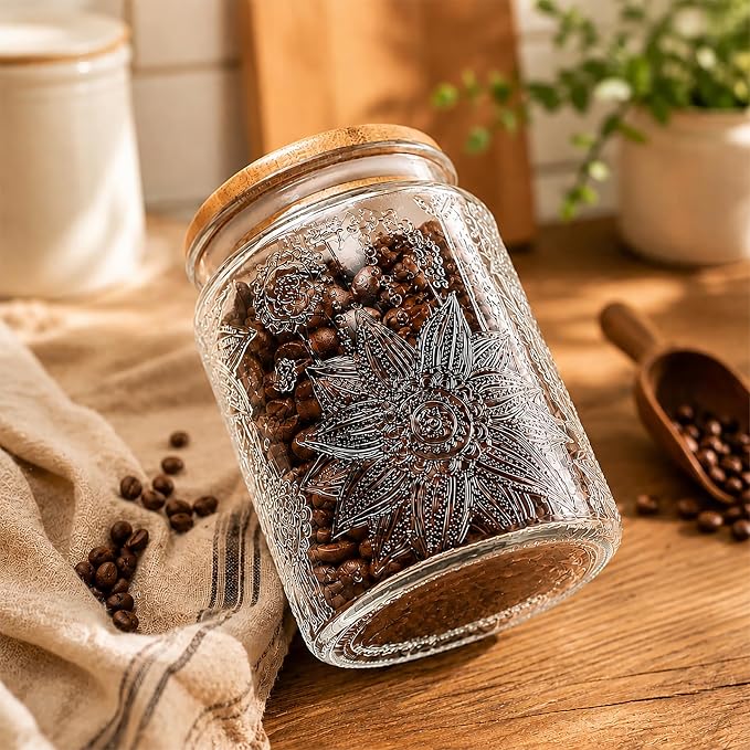 Vintage Glass Jars With Lids, 23.7oz Airtight Food Storage Containers,Kitchen Canisters For Sugar, Coffee, Tea, Spice, Flour, Candy Cookie, Pasta, Cereal, Cute Decorative Jars(Sunflower*1)