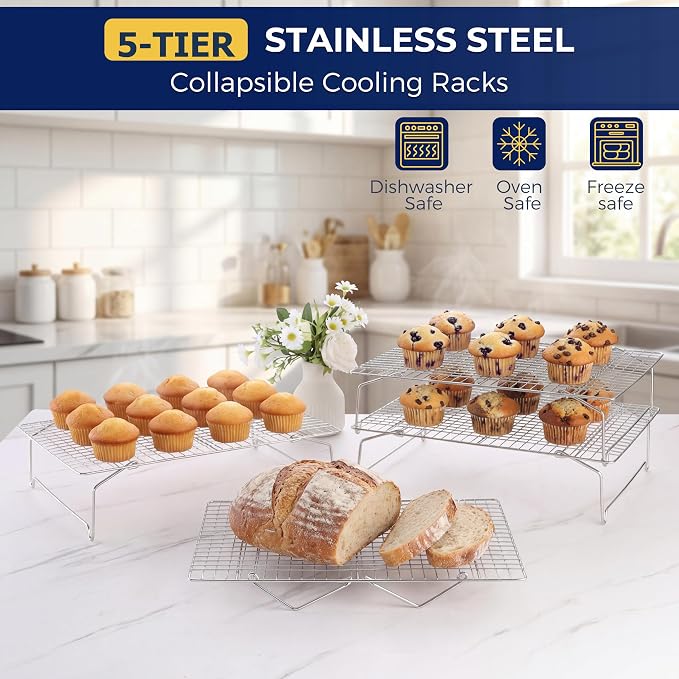 E-far Cooling Rack 15”x10”, 4-Tier Collapsible for Cooking and Baking | Tight-Wire Stainless Steel Cookie Rack for Baking Sheet, Oven, Roasting, Stackable & Space Saving, Dishwasher Safe