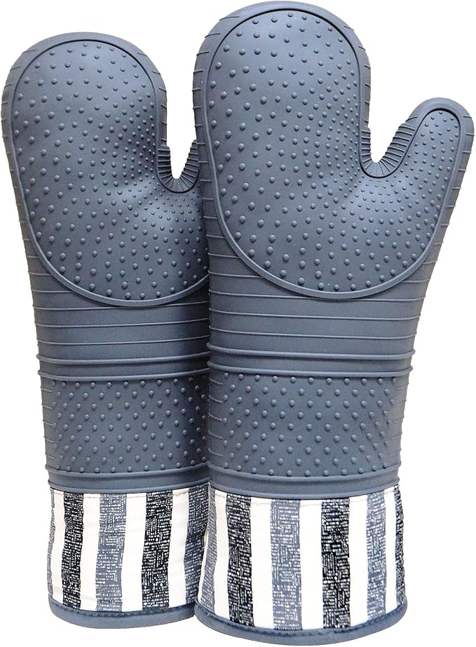 Heat Resistant 550 Degree Oven mitt, Silicone Oven Hot Mitts - 1 Pair, Extra Long Professional Baking Oven Gloves - Food Safe,Pot Holders Cooking,Grilling,Kitchen (Grey Mittens)