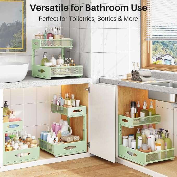 Under Sink Organizer, 2 Tier Pull Out Under Cabinet Organizer Shelf with Pad for Framed Cabinets, Metal Slide Out Under Sink Storage, Mesh Sliding Drawers for Kitchen Bathroom Laundry(Green, 1 Pack)