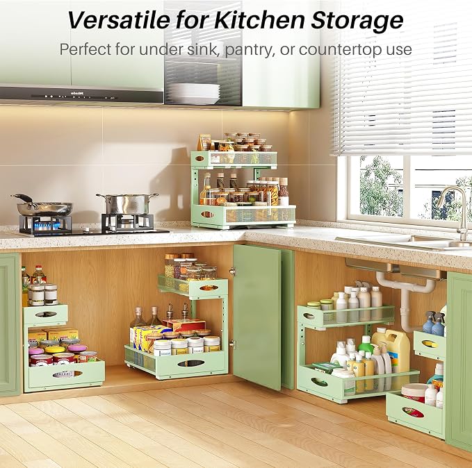 Under Sink Organizer, 2-Pack Pull Out Cabinet Organizer 2 Tier Metal Slide Out Storage Shelf Rack, L-Shaped Adjustable Height,Mesh Sliding Drawer for Kitchen, Bathroom, Laundry, Pantry, Green, XL
