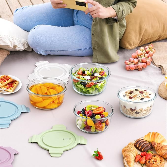 25oz Glass Meal Prep Containers for Food Storage with Airtight Lids, 4 PACK | Leakproof丨Air Vent Lid丨Borosilicate Glass丨BPA-Free丨Soup Lunch Leftovers丨Microwave Oven Dishwasher&Freezer Safe丨Round