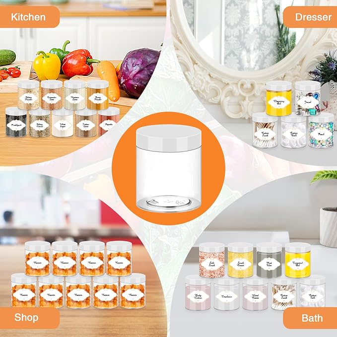 PeacePeo 8 OZ Plastic Jars, 48 Pack Clear Slime Containers with Lids | Stackable Leakproof Storage Jars, White Lids, Round Empty, Wide Mouth, for Pantry, Cabinet and Countertop Organization