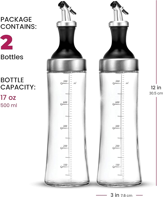 FineDine Superior Glass Oil and Vinegar Dispenser, Modern Olive Oil Dispenser, Wide Opening for Easy Refill and Cleaning, Clear Glass Oil Bottle, Pouring Spouts, 18 Oz. Cruet Set (Set of 2)