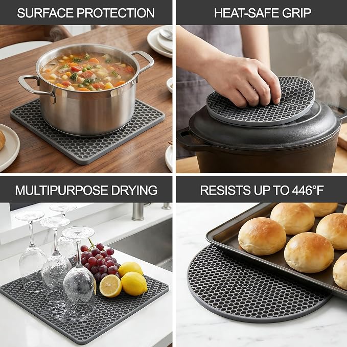 4 Pack Silicone Trivets for Hot Dishes | Heat-Resistant Non-Slip Hot Pads for Kitchen Countertops and Tables, Food-Grade Thick Silicone Mats (7.1x7.1in)
