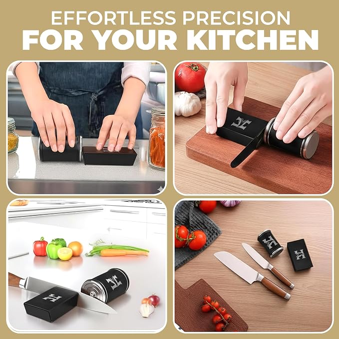 High Carbon Stainless Steel Rolling Knife Sharpener with 400, 1000 & 3000 Replacement Discs - Blunt Knife Sharpening Kit with 15 and 20 Degree Sharpening for Kitchen & Chef's Knives (BLACK)