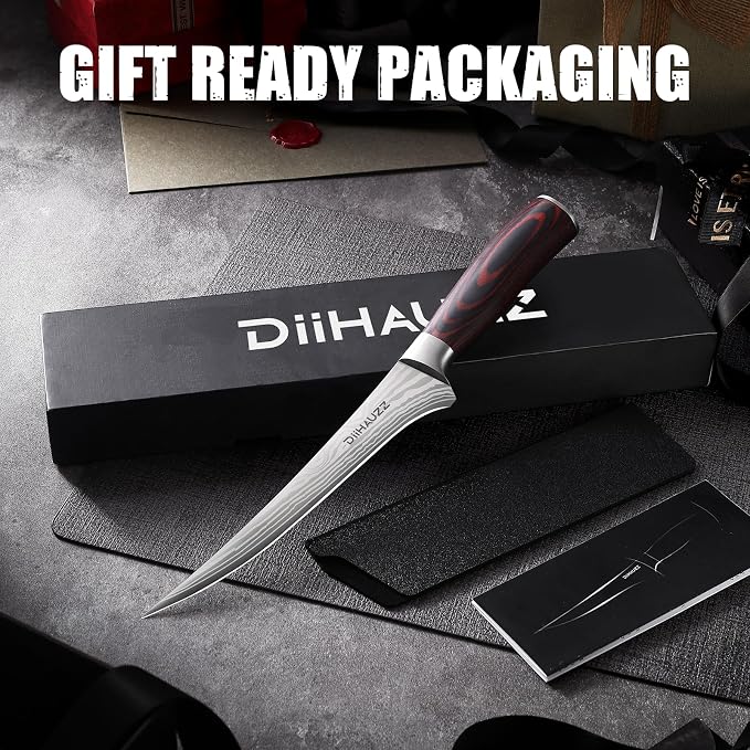 DiiHAUZZ 7 Inch Fillet Knife for Fish, Razor Sharp Boning Knife High Carbon Stainless Steel for Poultry Deboning and Meat Cutting, Japanese Filleting Knives with Ergonomic Pakkawood Handle, Sheath