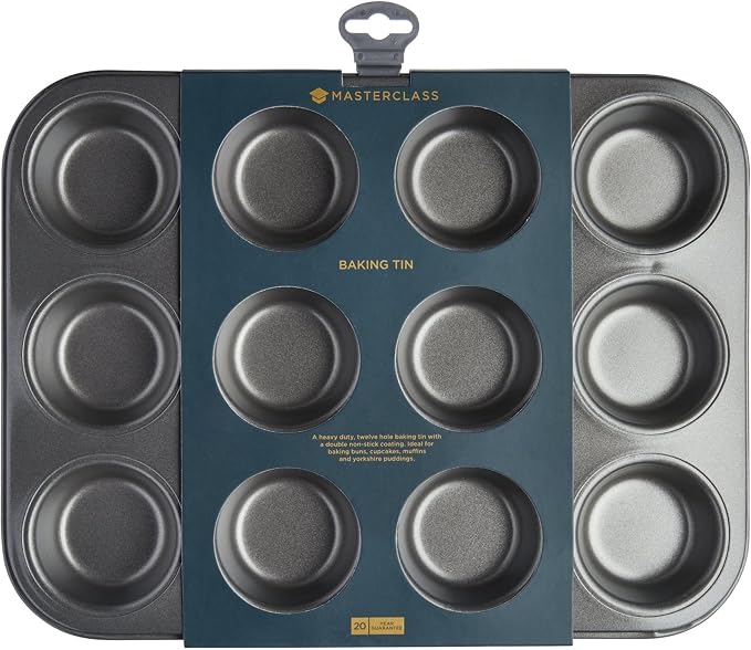 Masterclass Heavy Duty 12 Hole Cupcake Baking Tray Tin Pan with Double Layer Non-Stick Coating | Ideal for Baking Buns, Cupcakes, Yorkshire Puddings and Muffins