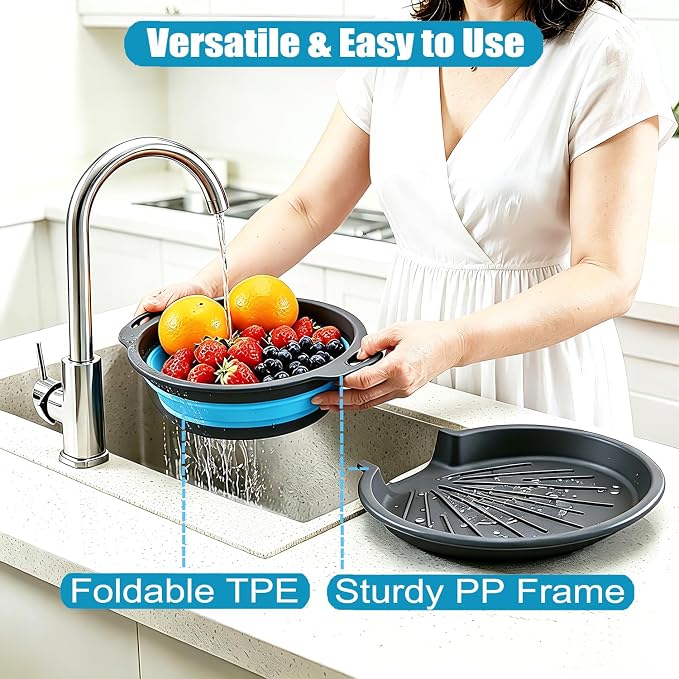 Collapsible Colanders Food Strainers, 3-Pack Foldable Kitchen Strainers with Over-Sink Water Draining Tray, Space Saving Kitchen Drainer for Vegetables, Fruit, Pasta and Rice (Blue-Gray)