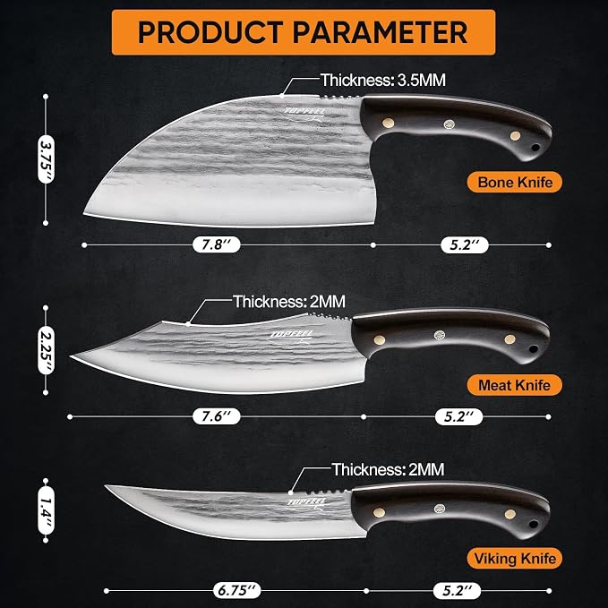 3PCS Meat Cleaver Knife Set - Serbian Chef Knife, Hand Forged Butcher Knife Boning Knife Meat Cutting Knives for Kitchen Camping BBQ