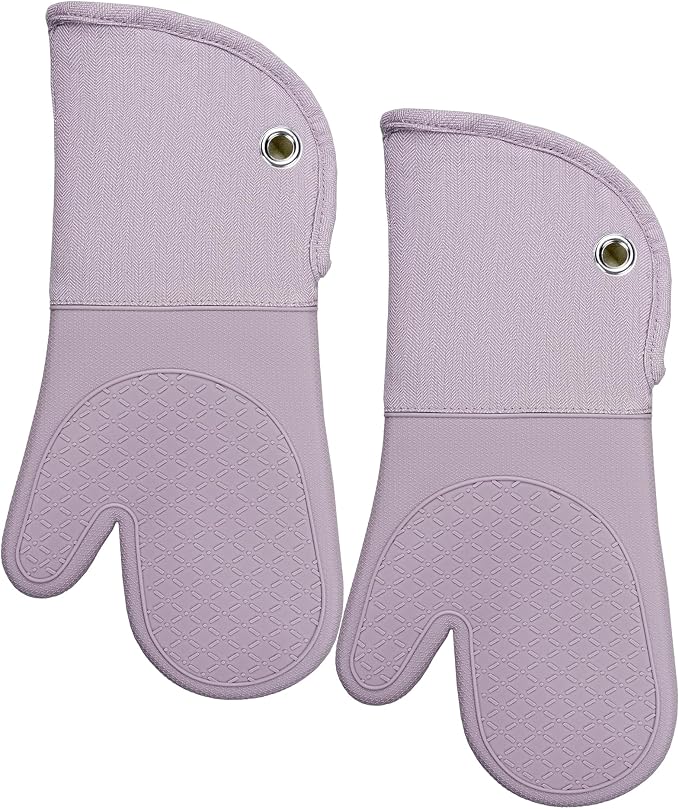 Professional Microwave Silicone Oven Mitts one Pair, Kitchen Mitten Set for Heat Resistant with 500 Degrees, Kitchen Gloves Pot Holder for BBQ Cooking Baking (Purple)