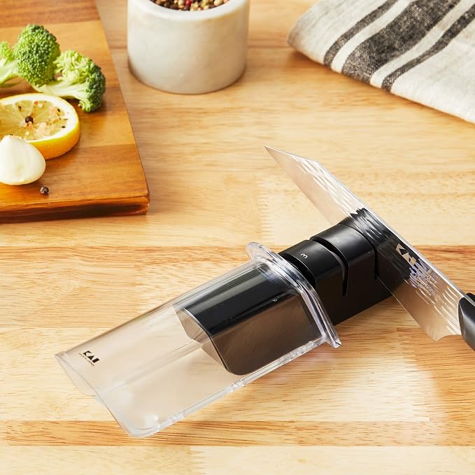Kai Ceramic Diamond Pull Sharpening System, 3 Step Retractable Sharpener for Straight, Double-Bevel Blades, Knife Sharpener for Professional and Home Chefs