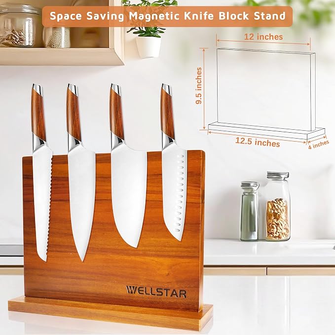 Modern Acacia Magnetic Knife Block Holder 12 x 10 Inches, Large Dual-Sided Strong Magnet Wood knives Stand, Luxurious Kitchen Counter Rack Organizer for a Stable and Stylish Cutlery Display