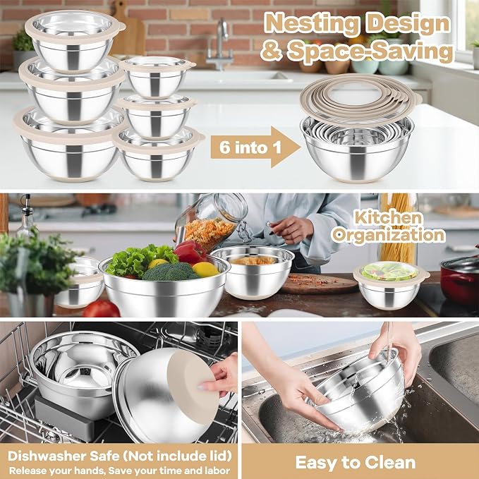 TeamFar Mixing Bowls Set of 6, Stainless Steel Salad Mixing Bowls with Visible Lids, Metal Nesting for Mixing Serving Prepping, Non-Slip & Airtight, 4.6/3.5/2/1.5/1/0.7 QT, Khaki
