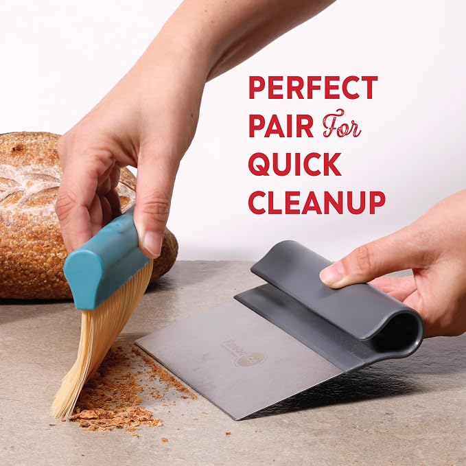 KneadAce Dough Scraper & Baker’s Brush.Stainless Steel Bench Scraper & Flour Cleaning Brush. Kitchen Tool for Pastry, Sourdough and Baking Prep Bread Dough Cutter, Gift For Bakers (Gray/Turquoise)