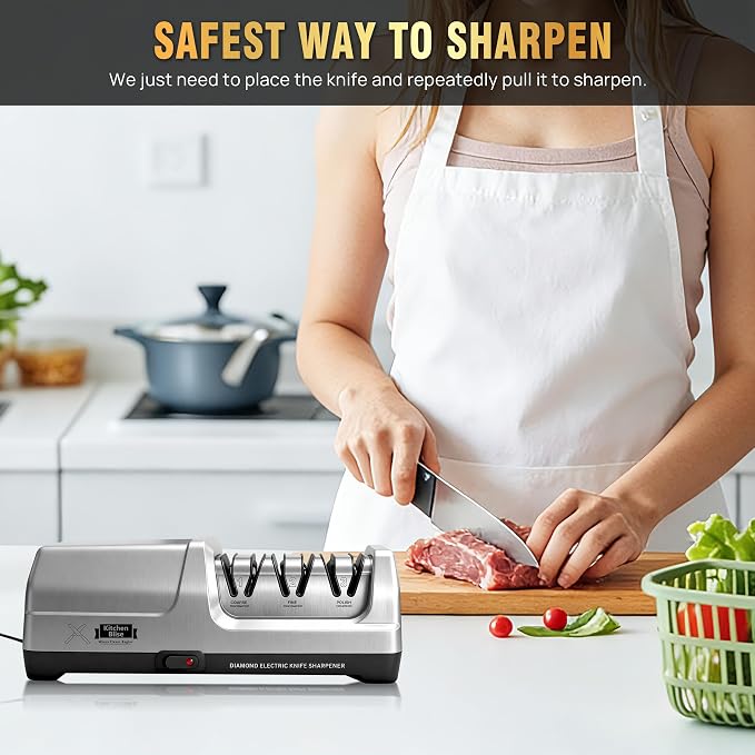 Electric Knife Sharpener for KitchenโFast Sharpening to Restore and Polish Chef Straight and Serrated Knives with 3 Stages & 20ยฐ Angle System with Metal Dust Box