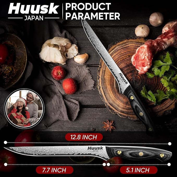 Huusk Damascus Boning Knife 8 inch, VG10 Brisket Trimming Knives for Meat Cutting, Flexible Fillet Knife, Butcher Knives, Kitchen Slicing Knives with Full Tang Handle, Christmas Gift for Men and Women