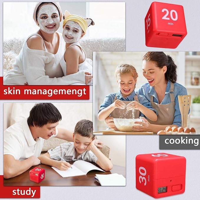 Weewooday 2 Pieces Cube Productivity Timer Flip Gravity Sensor Flip Countdown Countup Workout Timer Management 1 3 5 10 Minutes and 15 20 30 60 Minutes for Back to School Work Kitchen(White, Red)