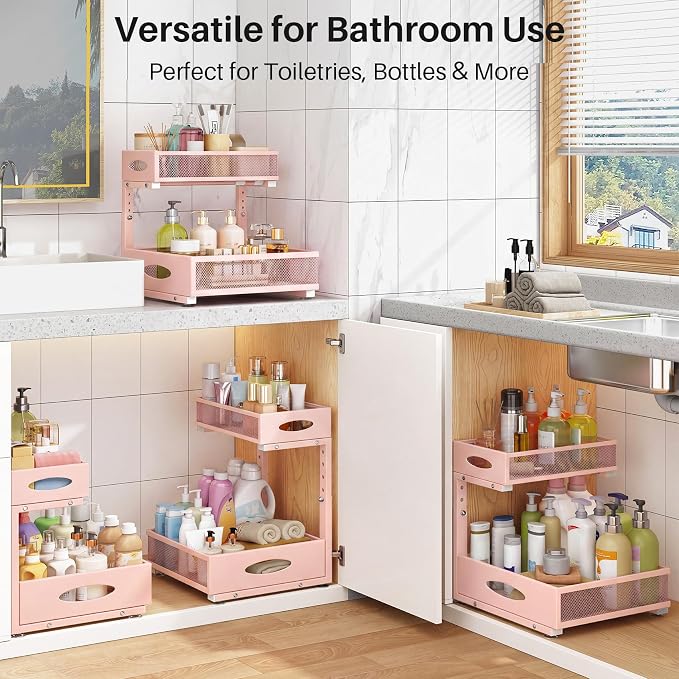 Under Sink Organizer, 2 Pack 2 Tier Pull Out Under Cabinet Organizer Shelf with Pad for Framed Cabinets, Metal Slide Out Under Sink Storage, Mesh Sliding Drawers for Kitchen Bathroom Laundry, Pink