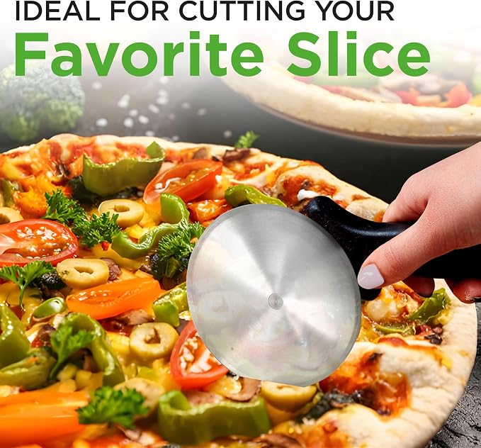 NutriChef 4-Inch Pizza Cutter Wheel - Sharp Stainless Steel Slicer with Built-in Finger Guard & Non-Slip Plastic Handle - Cuts Through Crusts, Bread, Pies, Dough, & More - Dishwasher Safe
