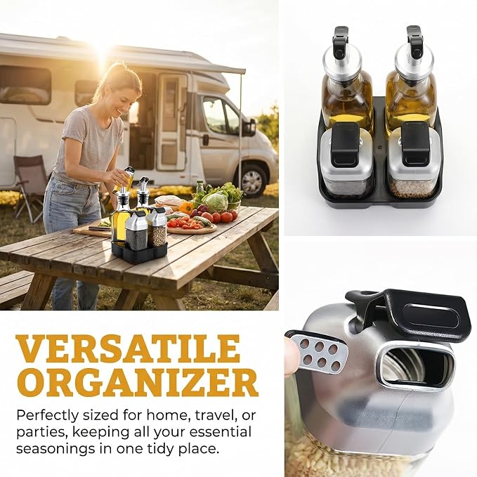 Jucoan 5 PCS Oil Vinegar Dispenser Bottles Set with Caddy Stand, Tabletop Glass Salt Pepper Shaker Olive Oil Vinegar Cruets Set with Tray for Home Kitchen Restaurant RV Camp Travel Wedding Party