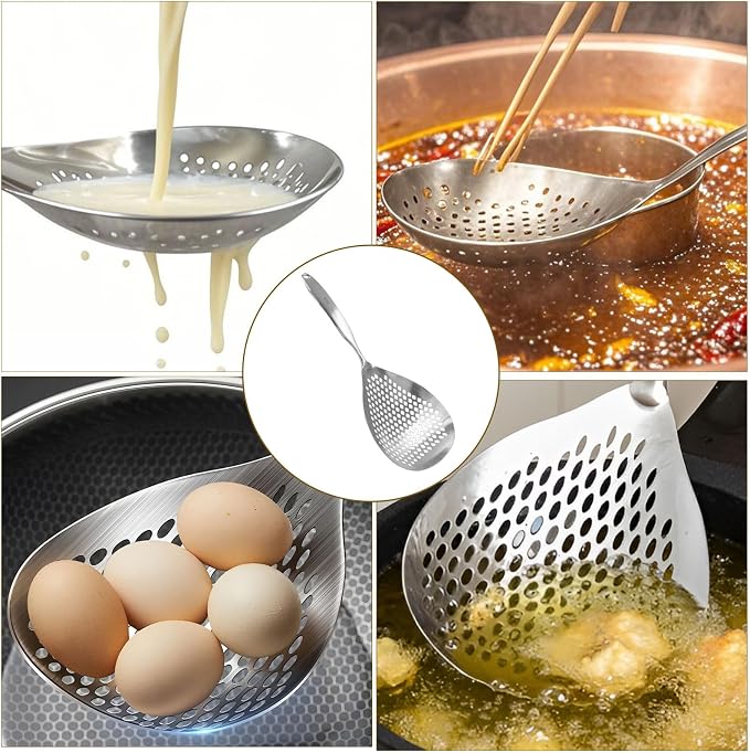 Jiozermi Stainless Steel Skimmer Slotted Spoon, Pasta Spider Strainer Ladle for Frying and Cooking, Durable 304 Stainless Steel Frying Strainer Spoon for Noodles, Pasta, and Vegetables