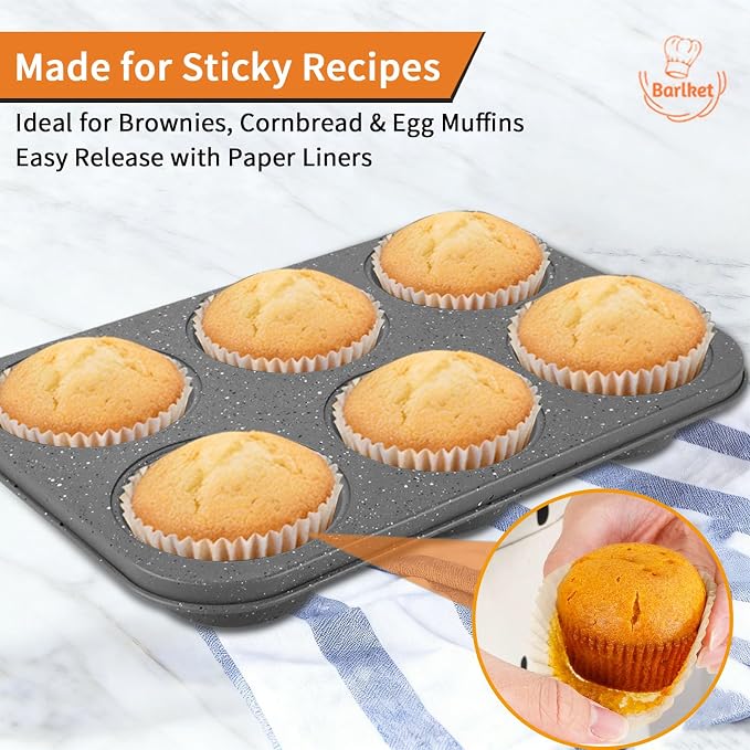 2 Pack Jumbo Muffin Pan, 6 Cup Large Cupcake Pan with Speckled Granite Coating and Paper Liners, Professional Nonstick Carbon Steel Muffin Tin for Baking Muffins Frittatas Cupcakes, Grey