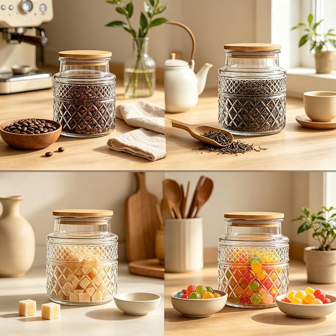 Prettidecor Glass Storage Jars, 38 FL OZ Airtight Canisters with Bamboo Lid, Decorative Kitchen Containers for Cereal, Nuts, Snacks, Candy, Cookies, Coffee, Tea | Kitchen Pantry Coffee bar Canister for Coffee Sugar Cereal Nut Candy, Airtight Bamboo Lid...