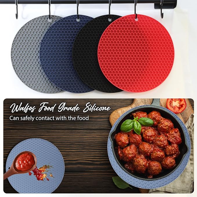 4 Pack Silicone Trivet for Hot Dishes | Heat Resistant Silicone Pot Holders for Kitchen Countertops, Hot Dishes, Jar Opener, Spoon Holder, Easy to Wash, Blue