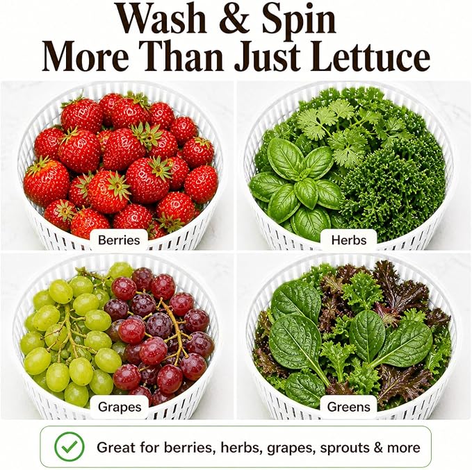 Cooler Kitchen Small Salad Spinner — Mini Lettuce Spinner and Dryer with Measuring Cup Bowl — Compact Veggie & Fruit Washer, Salad Dryer Spinner — Dishwasher Safe, BPA-Free