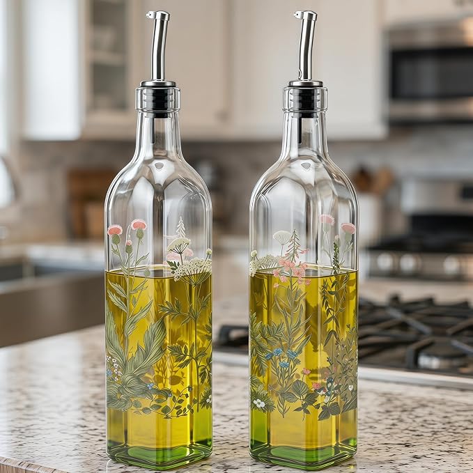 Topadorn Decorative Olive Oil Dispenser Set, 2 Pack 17oz Glass Oil & Vinegar Bottles with Pour Spouts, Kitchen Countertop Cruets for Cooking & Serving