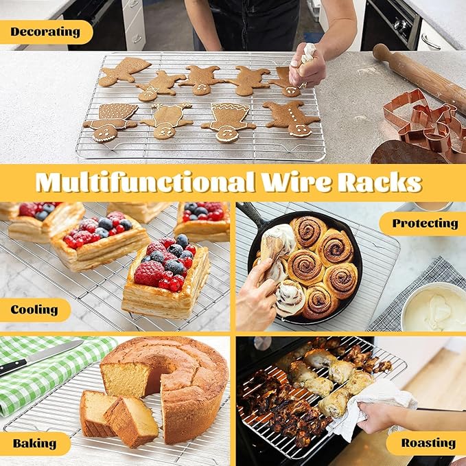 P&P CHEF 4 Pcs Baking Wire Rack for Cooling, 15.3 Inch | Rectangle Cooling Racks for Cooking and Roasting, Fit for Oven Pan, Healthy & Non-Toxic, Rust Free & Dishwasher Safe