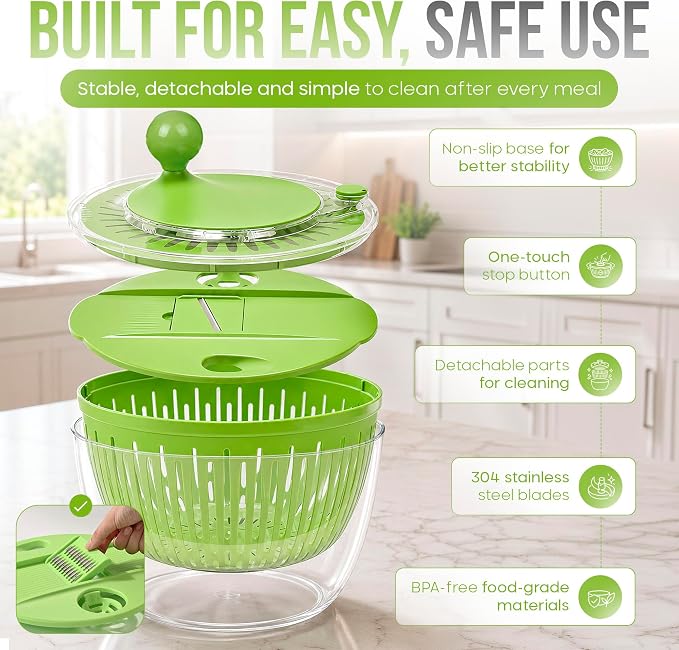 5-in-1 Salad Spinner Large with Lid Vegetable Washer and Dryer Fruit Cleaner Vegetable Chopper & Slicer with 5 Blades, 5 Qt Lettuce Spinner Strainer Shredder Bowl Egg Yolk Separator for Easy Meal Prep