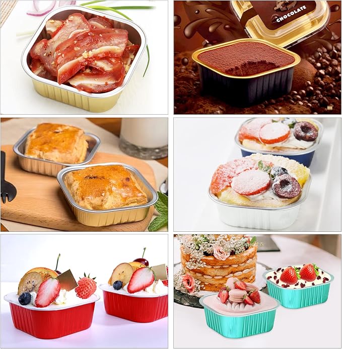 LNYZQUS 10oz/80pack Mini Cake Foil Pans with Lids, 4”x4” Large Cupcake Pan Disposable Ramekins,Small Brownie Baking Cups Square Muffin Tin Cheesecake Containers Holders-Pink