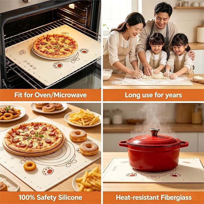 Silicone Baking Pastry Dough Mat - 25"x16" Extra Thick Dough Rolling Matt with Measurement, NonStick Kitchen Counter Kneading Pad Raised Edge, Reusable Heat Resistant for Bread Pizza Fondant Pie Crust