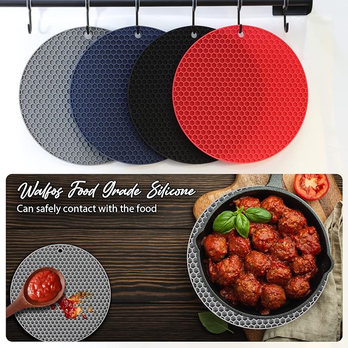 4 Pack Silicone Trivet for Hot Dishes | Heat Resistant Silicone Pot Holders for Kitchen Countertops, Hot Dishes, Jar Opener, Spoon Holder, Easy to Wash and Dry, Grey