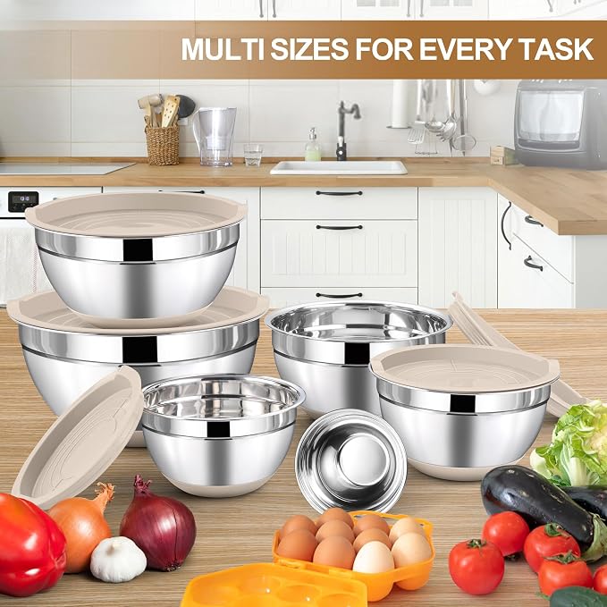 LIANYU 6 Piece Mixing Bowls Set with Airtight Lids, Metal Nesting Bowl | Size 7, 3.5, 2.5, 2, 1.5, 1QT, Stainless Steel Bowls for Kitchen Baking Cooking Serving Food Storage, Non-slip Bottom, Khaki