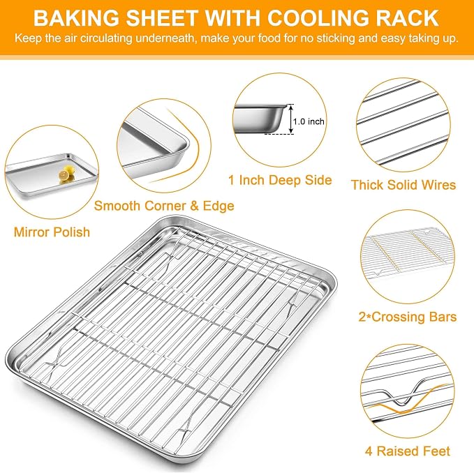 Homikit Half Baking Sheet with Wire Cooling Rack (1 Pan+1 Rack), Nonstick | 18x13 Inch Stainless Steel Cookie Sheets for Baking, Large Baking Pan with Grid Set, Metal Bacon Tray, Oven & Dishwasher Safe