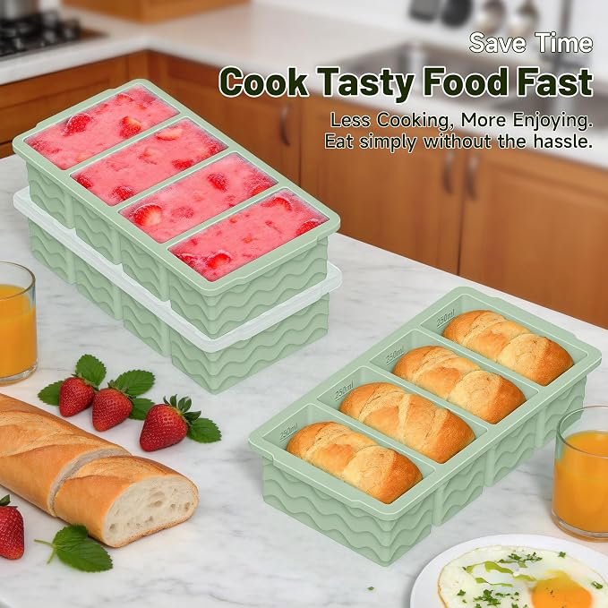 3-Pack Silicone Freezer Trays with Lid, Soup Freezer Container Molds, Silicone Freezer Molds, Ice Cube Tray for freezing Soup Sauce Broth Leftovers, Dishwasher & Oven Safe, BPA Free (1-cup,green)