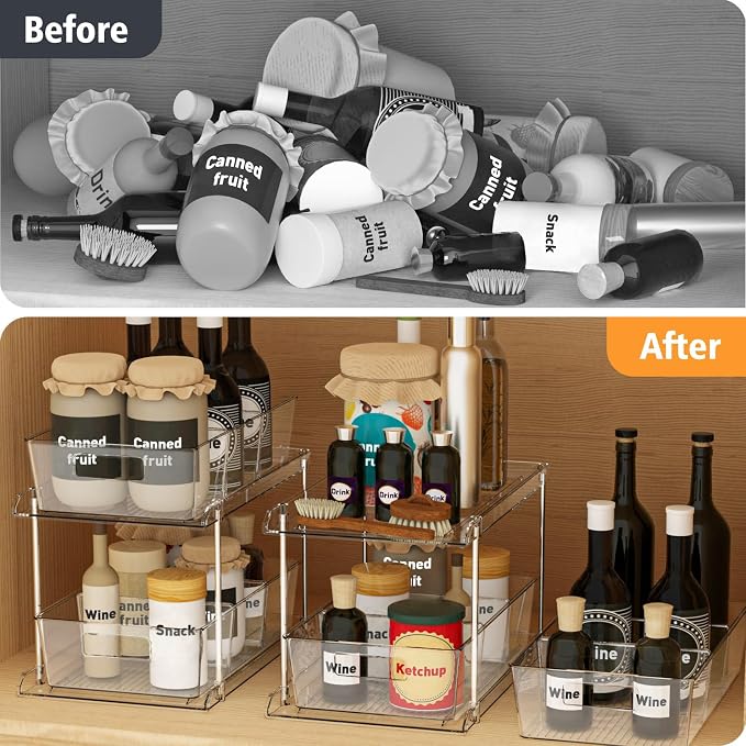 Bathroom Under Sink Organizers and Storage, 2 Tier, 1 Pack | Clear Vanity Countertop Pull-out Cabinet Organizer, Stackable Multi-Purpose Kitchen Pantry Organization with Dividers