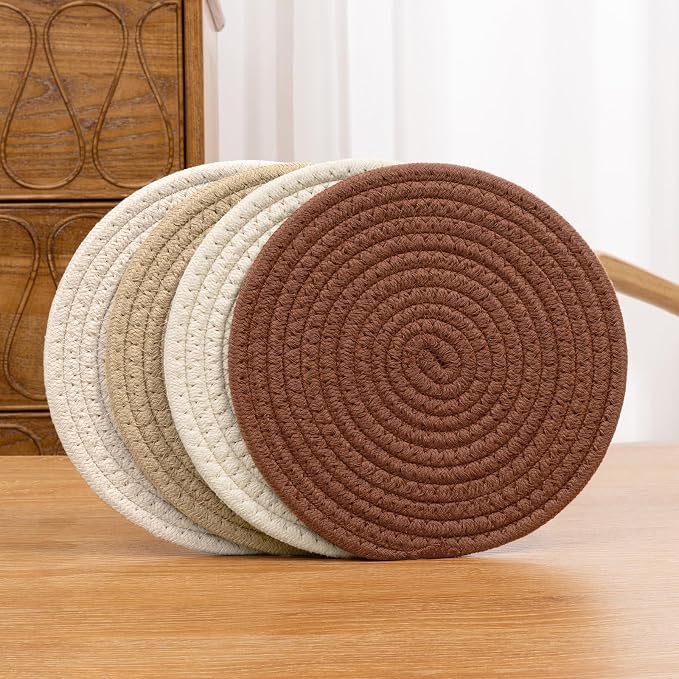 SHACOS 8 Inches Trivets for Hot Dishes, 4 Pieces Cotton Trivets Mats for Kitchen, Hot Pads for Countertops and Table, Heat-Resistant Pot Holders for Hot Pots and Pans(Mix Color, 4pcs)