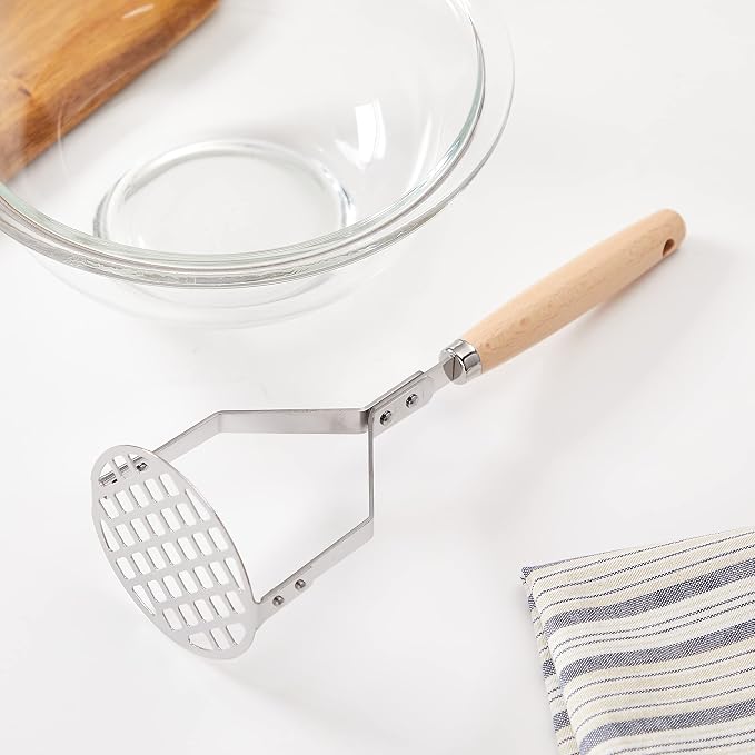 Endo Shoji BOL7101 Commercial Olive Potato Masher, Stainless Steel, Natural Wood, Made in Japan