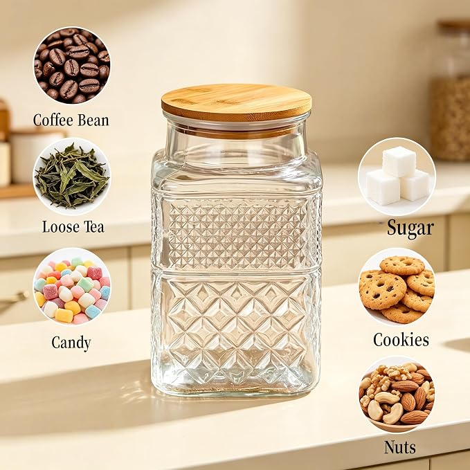 Large Glass Storage Jar, 60 FL OZ Glass Food Storage Containers with Bamboo Lid, Kitchen Laundry Room Organization Jar for Cookies Coffee Flour Sugar Laundry Pods Detergent Airtight Glass Jars | Kitchen Pantry Thick Glass Container for Flour Sugar Cook...