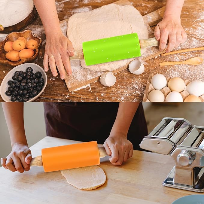 Mini Rolling Pin for Kids, 9 Inch Wooden Handle Rolling Pin Non-Stick Silicone Rolling Pins for Children Cake Baking