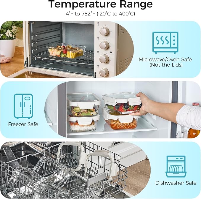 Vtopmart 5 Pack Glass Food Storage Containers with Glass Lids & Air Vent | Meal Prep & Leftover Storage Containers for Kitchen, Lunch and Refrigerator, Microwave Oven Freezer Dishwasher Safe