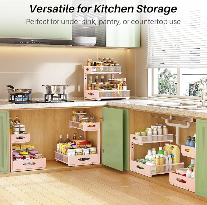 Under Sink Organizer, 2-Pack Pull Out Cabinet Organizer 2 Tier Metal Slide Out Storage Shelf Rack, L-Shaped Adjustable Height,Mesh Sliding Drawer for Kitchen, Bathroom, Laundry, Pantry, Pink, XL