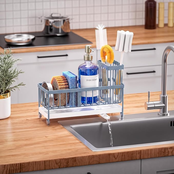Cisily Sponge Holder for Kitchen Sink, Sink Caddy Organizer with High Brush Holder, Kitchen Countertop Organizers and Storage Essentials, Rustproof 304 Stainless Steel (Gray Blue, 9.25″)