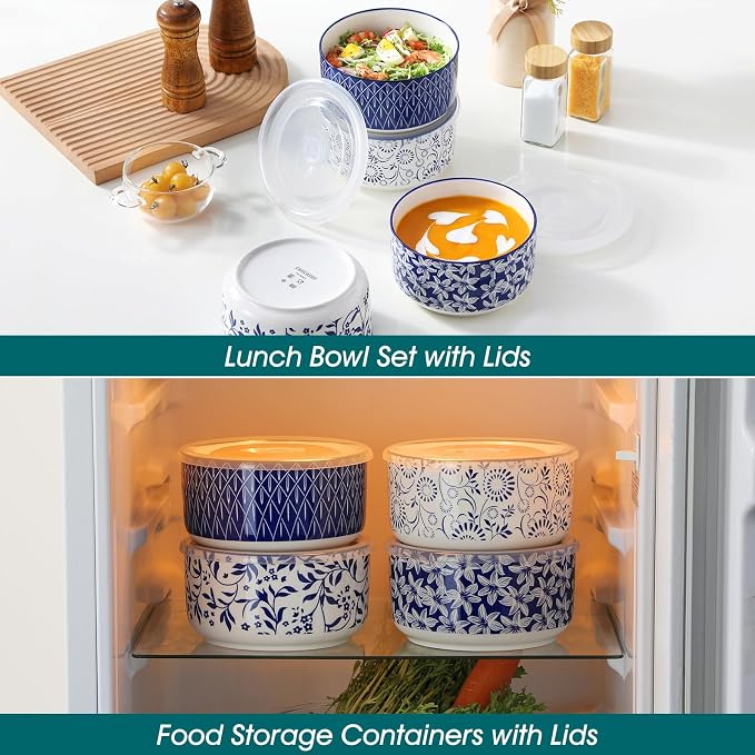 vancasso 36 Oz Ceramic Serving Bowls with Lids Set of 4, Porcelain Lunch Bowls with Lids for Food Storage, Prep Bowl for Kitchen, Microwave & Dishwasher Safe,Series SELENE
