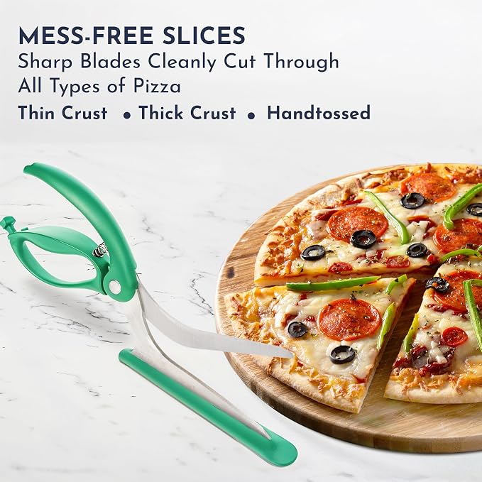 Pizza Scissors - Non-Stick Pizza Scissors with Firm Grip Base - Food Grade Stainless Steel Pizza Cutter - 5-in-1 Food Slicer & Pizza Server - Durable, Safe & Mess Free - Green