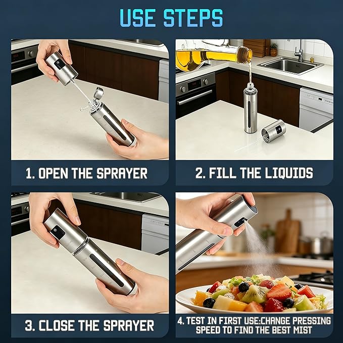 Advanced Olive Oil Sprayer for Cooking, Kitchen Avocado Oil Spray Bottles, Oil Mister Dispenser, 304 Stainless Steel Shell & Food-safe PP Plastic inner Bottle, 100ml, Leak-Proof and Portable.